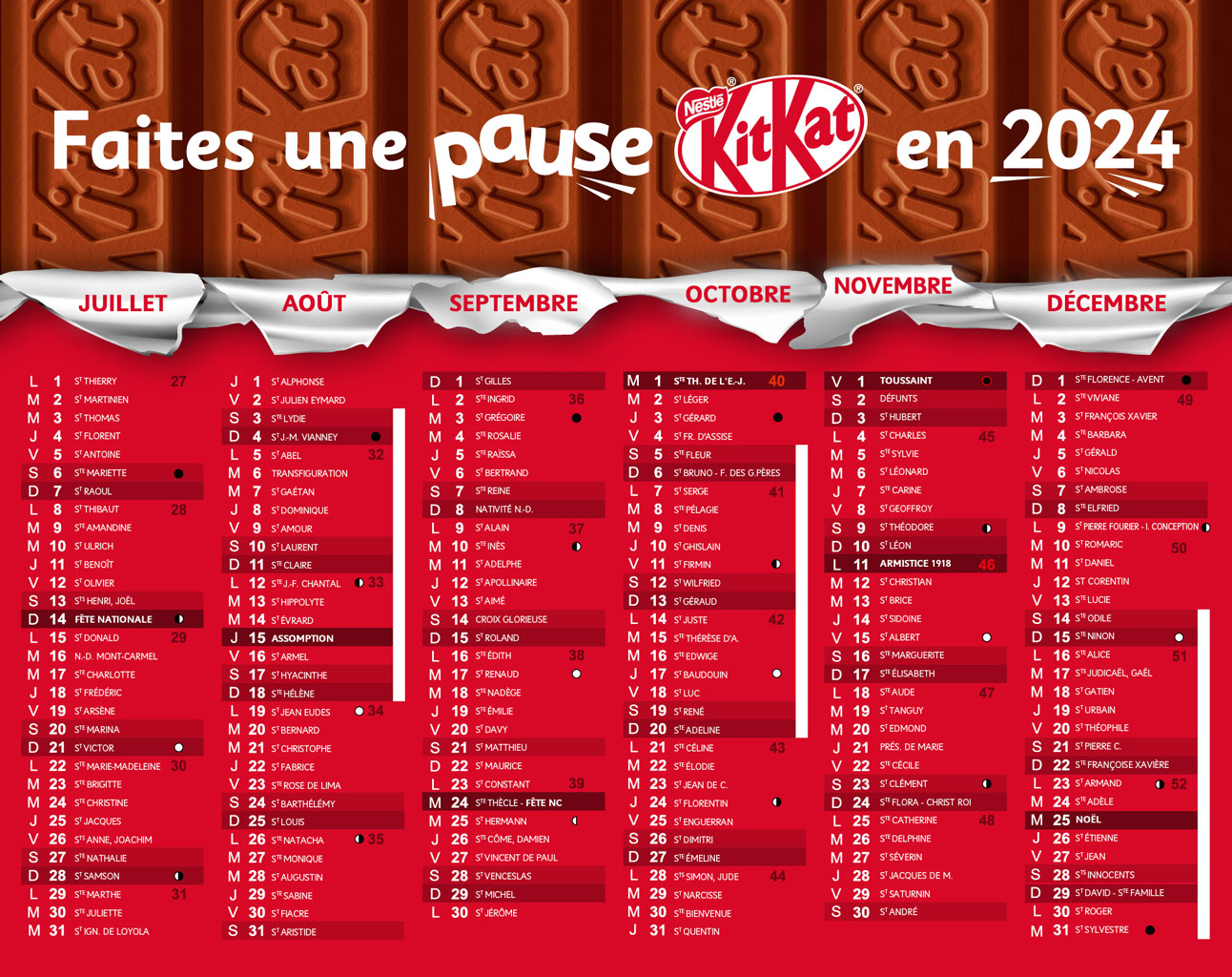 Calendrier Faites une pause KitKat en 2024 Armistice Fête Nationale Dates 53 x 42 cm grand format 530 x 420 mm