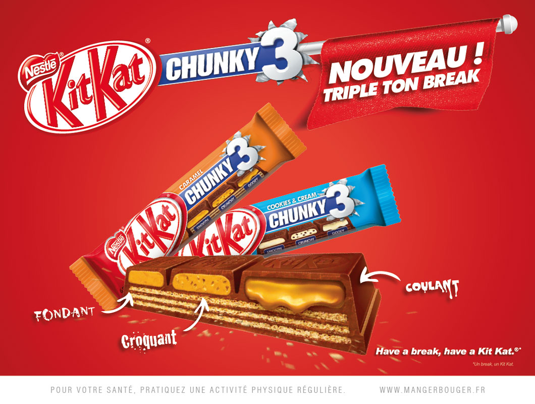 KitKat Chunky 3 Nouveau Triple break Barre chocolat Fondant Croquant Coulant Pan