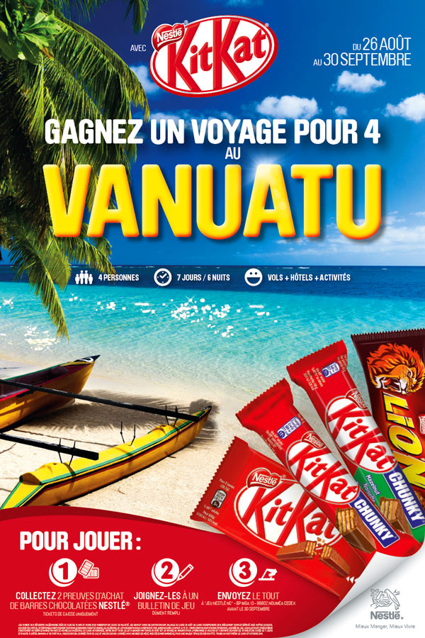 KitKat Op Jeu Gagne un voyage île du Pacifique KitKat Chunky Lion Pirogue Va'a Canoe Vaa Plage Cocotier Palmier Soleil Océan Rêve