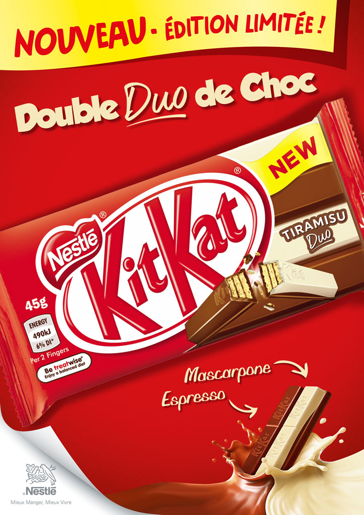 Nouveau KitKat Tiramisu Double Duo de choc Mascarpne Espresso Splash New Affiche PLV Poster