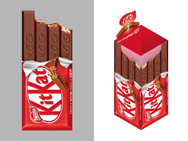 KitKat PLV avec Plexiglass en forme de packaging Kit Kat 4 fingers et le croc d'une barre de chocolat croquée
