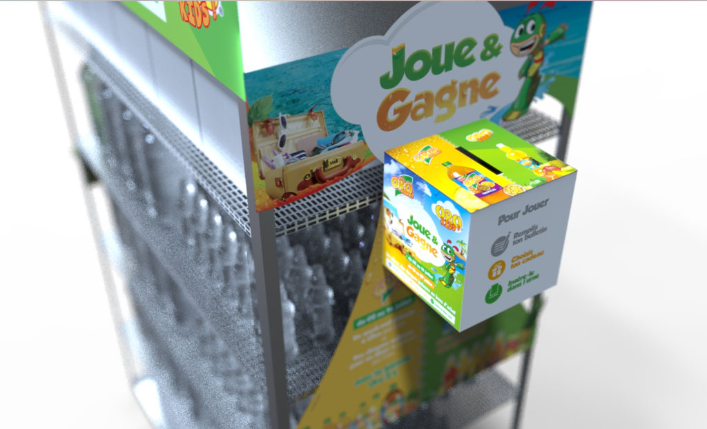 PLV GMS Displays Urne OP Jeu campagne de communication en magasin grande surface fente 3D joue de TG Tête de gondole étagères meuble Personnage Mascotte Oro Kids Fruits